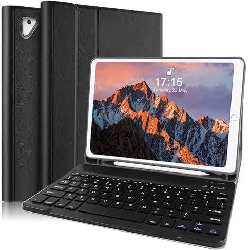 iPad 9.7 Keyboard Case,Smart Stand Leather Cover for iPad 6th Generation 2018/5th Gen 2017/iPad Pro 9.7/ iPad Air 2/ iPad Air 1- with Pencil Holder and Bluetooth Detachable Keyboard(UK layout),Black