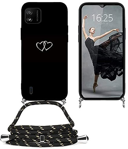 EuoDuo Kompatibel mit Wiko Y82 Hülle mit Band Handyhülle Handy Kette Schwarz Silikon Muster Motiv Schutzhülle Kordel zum Umhängen Necklace Halskette Cover - Liebesherz
