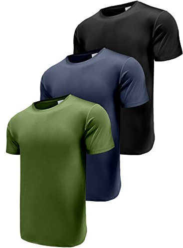 3 Pack Men T Shirts, Breathable Running Shirts Cool Dry Sport Tops, Short Sleeve Gym Tops Athletic Shirts for Men Black/Navy/Green-3P14-L