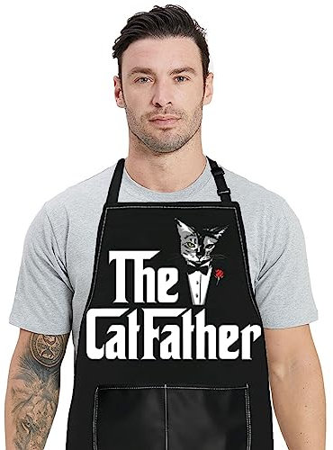 WZMPA Divertido delantal de cocina con bolsillos, regalo de gato, papá, dueño de gato, delantal ajustable para cocinar, hornear y asar, Delantal Catfather, Medium