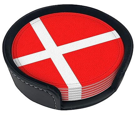 Dänemark, dänische Flagge, Leder-Untersetzer, modisch, bügelfest, rund, 10,2 cm, Getränkeuntersetzer-Set (6-teiliges Set) mit Aufbewahrungsbox, Tischdekoration und Schutz