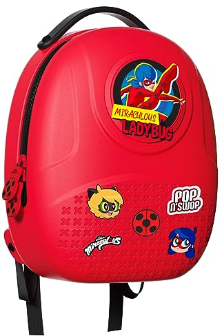 Miraculous Ladybug – Pop n' Swop -Rucksack mit schwarzem Griff, 6 Clip-on-Abzeichen und Reißverschluss, leichte, langlebige, wasserdichte Tasche mit verstellbaren Trägern (Rot - Ladybug)