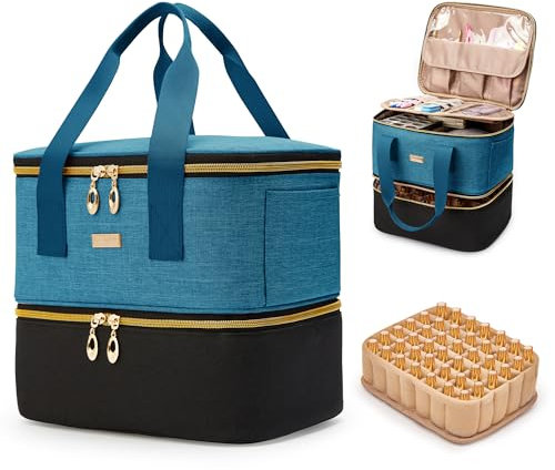 BAGMIND Nail Polish Organizer, Double Layer Holds 42 Bottles & Nail Tech Kit Supplies, Large Capacity Nail Polish Organizer Case Carrying Bag