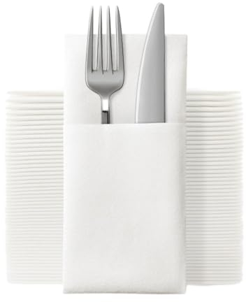 Mudhen 50 Packungen Einweg-Servietten in Leinenoptik Mit Integrierter Bestecktasche, Bedruckte Vorgefaltete Stoffservietten Aus Papier Für Hochzeit, Abendessen Oder Party (White)