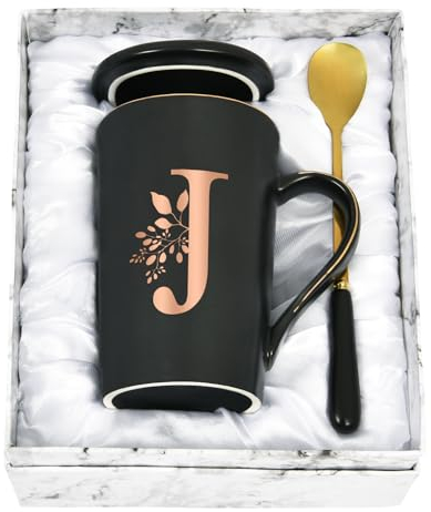 Joymaking Personalisierte Tasse mit Buchstaben Kaffeetasse mit Blumen Motiv, Namen Initiale persönliche Geschenke Kaffeetasse für Frauen Freundin, J - 400ml Schwarz