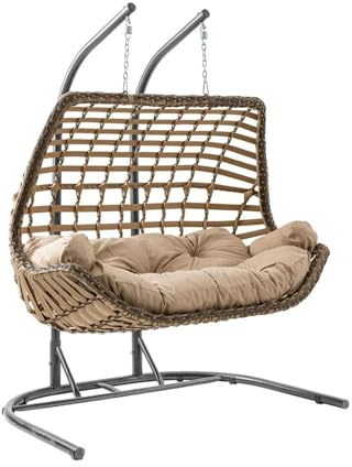 Alveon Hängesessel mit Gestell & Kissen mit Schutzhülle Handgeflechtet Hängestuhl Rattan Hängematte Hängekorb Garten Balkonmöbel Hängeschaukel Cunda (Hellbraun)