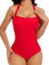 SHAPERIN Damen Badeanzug Figurformend Neckholder Monokini Bauchweg Push Up Plissee Einteilige Bademode, Rot, M