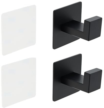 bowarepro 2Pcs Self-Adhesive Towel Hooks No-Drill, Square Stick on Hooks SUS 304 Stainless Steel Hand Towel Hook for Bathroom,Bedroom, Kitchen (Black)
