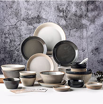 Juegos de cena de mesa Juego de platos y tazones de gres de 36 piezas, juegos de vajilla de porcelana, juego combinado de vajilla, juegos de cena de platos de cerámica-platos/cuencos/servicio de cucha