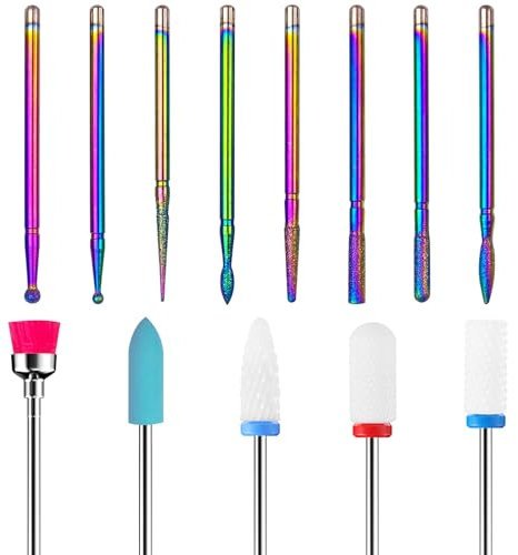 Traxenta Juego de 13 Fresas Torno Manicura Cabeza de Molienda, Broca de Cerámica Set, Brocas Profesionales 3/32 Pulgadas para Uñas para Manicura Profesional, Pedicura, Uso en el Salón de Casa