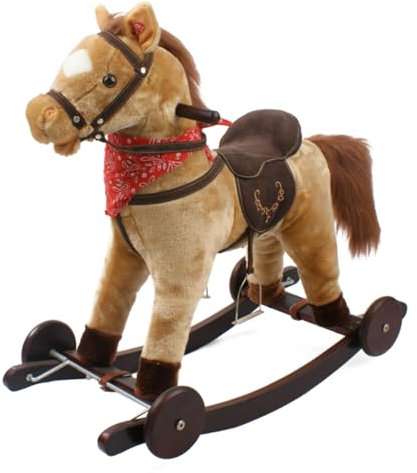 Cavallo a Dondolo Marrone Chiaro con Ruote, Peluche Cavalcabile, Nitrisce e Muove la Bocca
