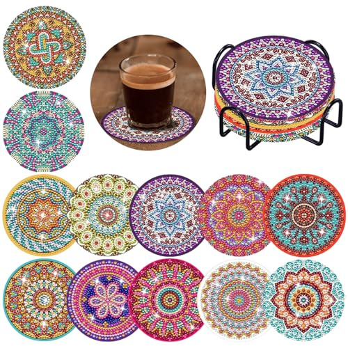 Lot de 12 Dessous de Verre de Peinture Diamant Mandala avec Support - DIY 5D pour Travaux Manuels - Adultes et Enfants