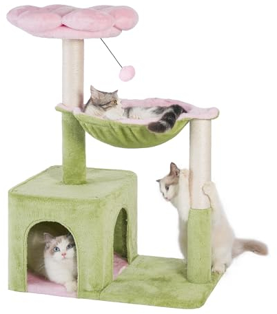 Pawfessor Árbol de flores para gatos grandes, bonita torre para gatos de 32.6 pulgadas, poste rascador para gatos con hamaca grande de 15.7 pulgadas y condominio, percha de flores extraíble y bola