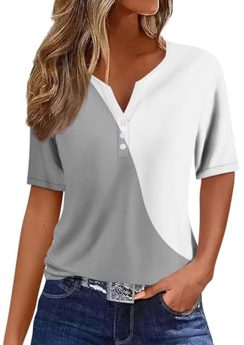 Ventes Flash HUIFUAO T-Shirts pour Femmes, T-Shirts d'été à Boutons avec col en V et Manches 3/4 pour Femmes, Haut rayé de Couleur, t-Shirt d'été Basique pour Femme, Coupe Ample, Z11 Gris, S
