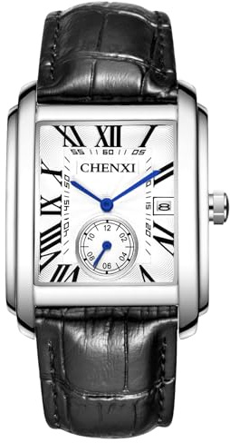 OIDEA Rechteckige Herrenuhr, quadratisch, Quarz, analog, wasserdicht, Vintage, für Herren, Kalender, römische Ziffern, für Freizeit, Business, Geschenk, silber, Band