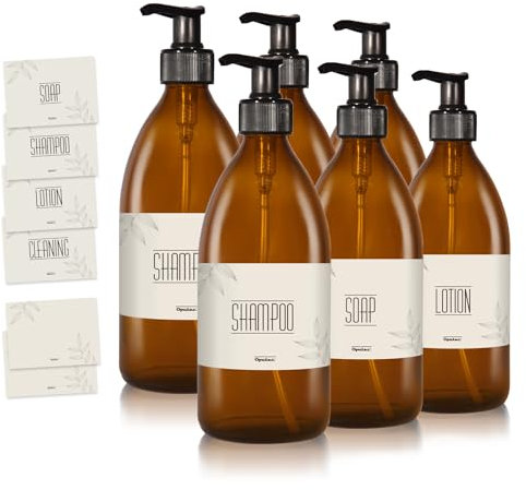 Oputec 6 x 500ml Seifenspender aus Glas + Etiketten: Shampoo Flaschen zum Befüllen als Duschgel Spender, Pumpspender - Pumpflasche aus Braunglas - Behälter zum Befüllen für Küche Badezimmer