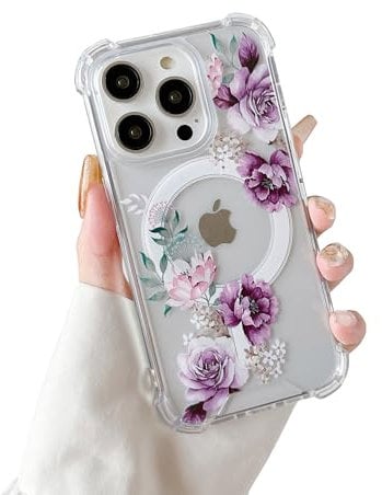 DEFBSC Magnetic Case for iPhone 16 Pro [Compatible with Magsafe], Clear Floral Flower Print Design Flexible Acrylic Bumper Protective Shockproof Case for iPhone 16 Pro - Purple Peony