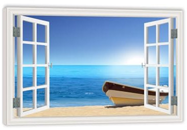 RXNHGJDS Quadri Finestra Aperta Sul Mare,barca mare cielo orizzonte spiaggia,Quadro su Tela Stampa Artistica Mare Blu Natura Quadri Moderni Soggiorno Grandi60x40cm(24x16in) Cornice interna
