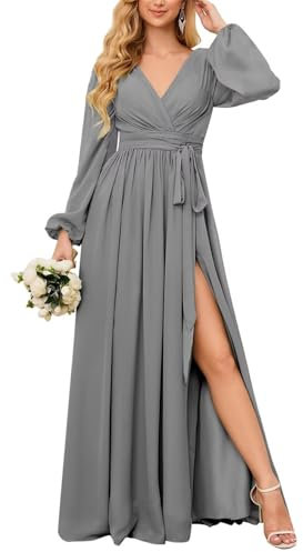 HPPEE Grey Bridesmaid Dresses Long Sleeve for Wedding with Slit Plus Size Chiffon Formal Dresses for Women UK24