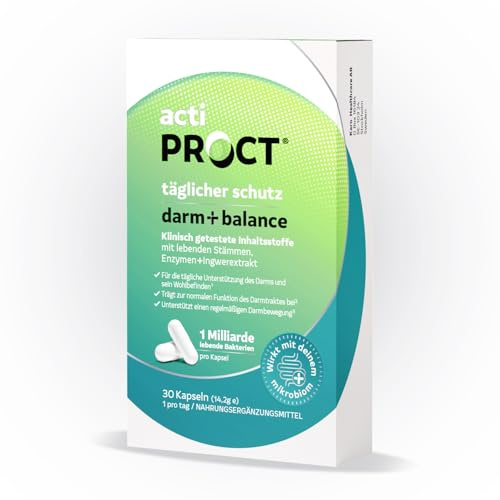 ActiProct Täglicher Schutz für das Gleichgewicht des Darms – unterstützt Darmgesundheit und Wohlbefinden, klinisch getesteten – Probiotika Verdauungsenzyme, Ingwer – 1 Mrd. lebende Bakterien/Kapsel