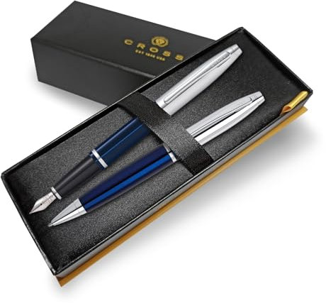 Cross Calais Fountain Pen and Ballpoint Pen Set - Premium Box - Choose Colour - Gifting for Birthday or Anniversary (Blue with Chrome Trim)