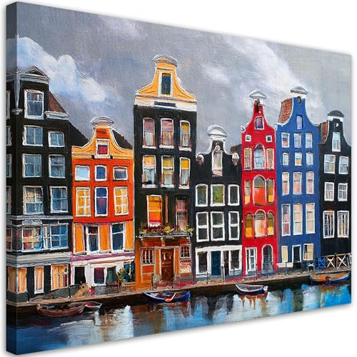 Feeby Bilder - Foto Geschenk - Amsterdam Stadt Gemalt - 60x40 cm 1tlg - Leinwandbilder Wohnzimmer - Wandbild über dem Bett - Bild Schlafzimmer - Aesthetic Zimmer Deko - Modern Pictures