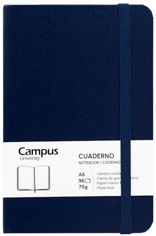 Campus Notizbuch A6, Bullet Journal mit glatten Blättern, genähtes Notizbuch mit festem Einband, 96 Blatt à 75 g, elastischer Verschluss, Tasche und Lesezeichen (A6, glatt, Marineblau)