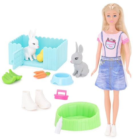 Toyland® Rabbit Run Puppenspielset – 1 Puppe, 2 Kaninchen und 10 Zubehörteile enthalten – Ostergeschenk – Mädchenspielzeug