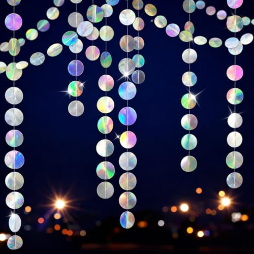 G2PLUS 16m Iridescent Circle Paper Garland, Holographic Garland | Silver Iridescent Garland, Iridescent Party Decorations for Birthday Backdrops and Party Ceiling Decor