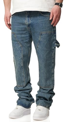 behype. Herren Jeans Straight-Fit Carpenter Jeanshose 100% Baumwolle Denim Hose Used Look Men's DC_JN-247-Vintage Blue-W32