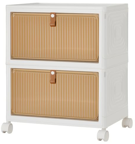 SIDSONS 23L/Tier Storage Box With Lid - 2 Tier Plastic Storage Drawers With Wheels, Stackable Folding Wardrobe Organizer, Magnetic Door, Home Organisation For Bedroom Living Room Study Office