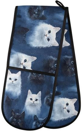Oven Gloves Double Oven Gloves Blue Cat A Heat Oven Mitts Pot Holder Heat Resistant Quilted for BBQ Baking Kitchen Cooking Gloves