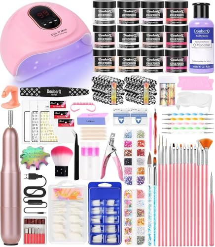 DouborQ Acrylic Nail Kit with Electric Nail Drill Nail Lamp False Nail Tips Starter Set Acrylic Nail Art Supplies for Beginner with Everything