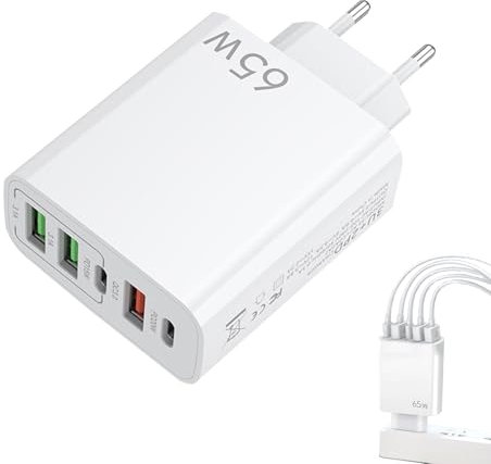 Huybaa Cargador USB C, 65 W, 5 Puertos USB C, Cargador rápido Compatible con iPhone, Adaptador multisectorial PD+QC 3.1A Tipo C