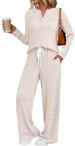 LILLUSORY Womens 2 Piece Lounge Sets Matching Airport Travel Outfits 2026 Spring Clothing Fall Pajamas Sweat Suits Pockets Apricot S