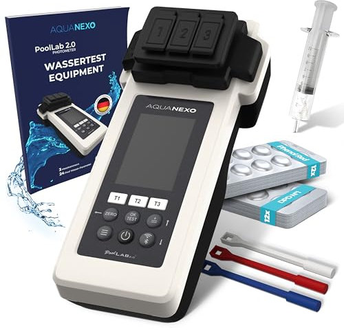 AQUANEXO Poollab 2.0 inkl. 240 Testtabletten Chlor und pH-Wert (120x DPD 1 + 120x Phenol Red Tabletten), Pooltester Pool Lab 2.0, Wassertester für Pools, Planschbecken, Whirlpool, Pool Zubehör