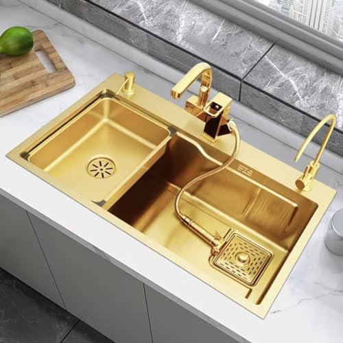 Évier De Cuisine Doré avec Robinet Et Accessoires, Installation Encastrée Ou sous Plan, Facile À Nettoyer, Acier Inoxydable-75-45cm Gold D