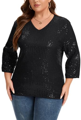 Kyzoeyou Damen Pailletten Glitzer Tops Oberteil Langarm V-Ausschnitt T-Shirt Bluse Freizeit Party Festival Club Oversize