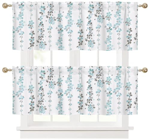Ausing Set von 2 Küchenvorhänge mit Blumen Blatt Prints Kurzer Paneel Vorhang Cafe Bistro Vorhang Badezimmer Tiers