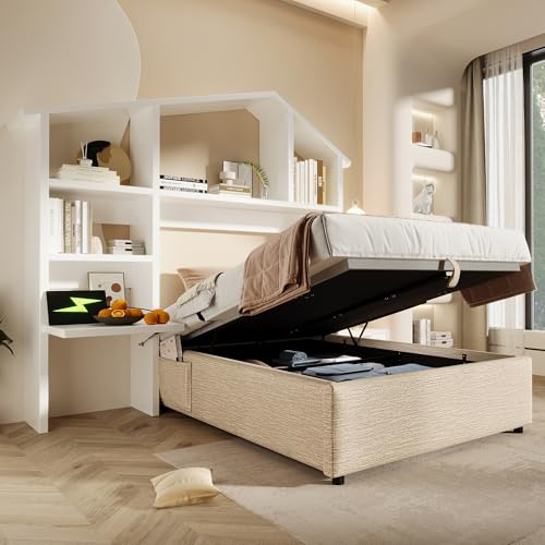 Bett 90x190 mit Bücherregal und USB Type-C-Ladefunktion, Kinderbett Hausbett Polsterbett mit Stauraum & Vollflächiger Lattenrost, Hydraulisch Einzelbett Stauraumbett, Leinen, ohne Matratze, Natürlich