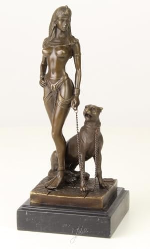 JS Garten Deko Bronzefigur Bronzeskulptur Bronze Figur Cleopatra Königin von Ägypten mit Panther H 25,5 cm