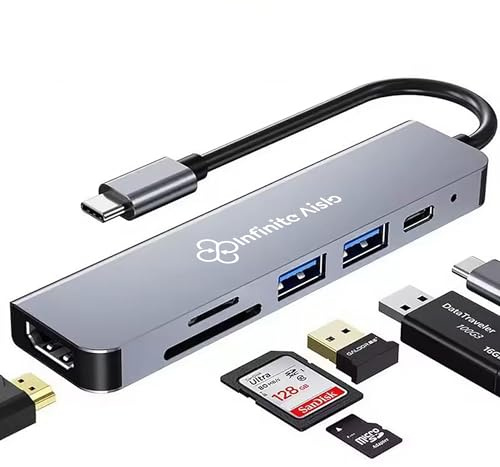 6-in-1 Multiport Adapter mit HDMI 4K, USB 3.0 & 2.0, USB-C PD Ladeanschluss, SD/TF Kartenleser – Kompakte Dockingstation für Laptop, Tablet & Smartphone