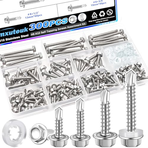mxuteuk 300PCS #8#10 Self Tapping Screws for Metal,410 Stainless Steel Self Drilling Screws,1/2,3/4,1,1-1/2 Hex Washer Head Sheet Metal Screws Suitable for Metal, Wood with 150PCS Washers