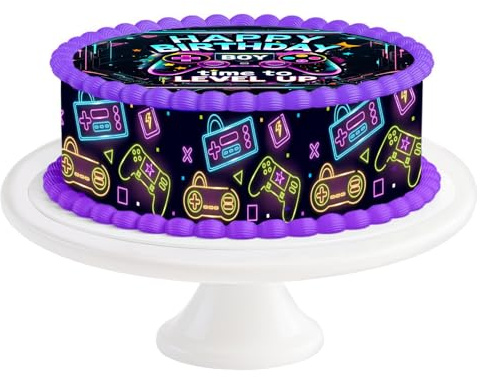 Tortendeko Essbar Gamer Neon, Ø 20cm Tortenaufleger Gaming Essbar, mit Tortenband Game 4 Stück á 24cm x 5cm, Tortenaufleger Gamer, Kreative Tortendekoration, Geburtstagstorte für Jungen