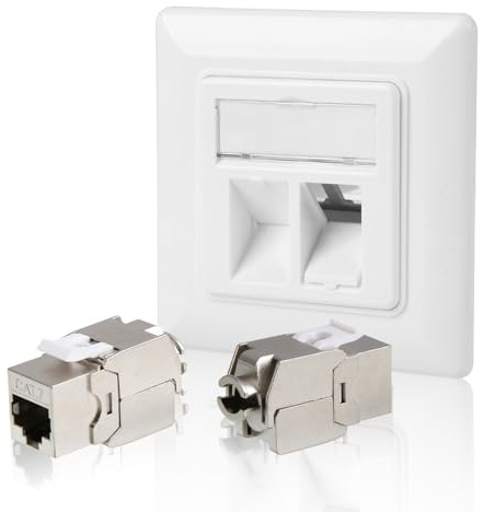 2 Port CAT 7 Netzwerkdose Unterputz, 2 x CAT 7 RJ45 Dose Modul 10 Gbit/s, Netzwerkdose Aufputz, Ethernet LAN Steckdose mit 2 Port Rj45