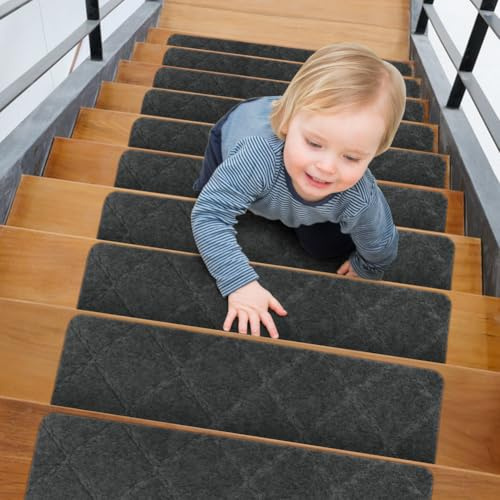 Wapasezyar 15 Stück Treppenstufen Matten Antirutschmatte, 55cm x 19cm Stufenmatten Selbstklebend für Holzstufen, Innen rutschfest Treppenteppich für Kinder Ältere und Hunde (Dunkelgrau)