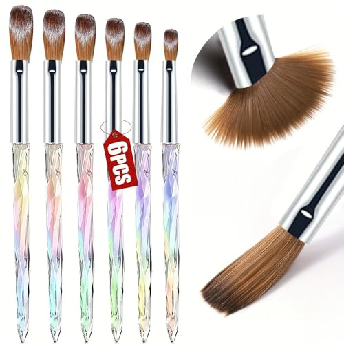 6 Pcs Acrylic Nail Brush Set, Professional Acrylic Nail Brush Set for Acrylics Powder and Builder Gel, French Tip Brushes Nails Art Brushes for 3D Carving, Extension and DIY Manicure Tools Kit