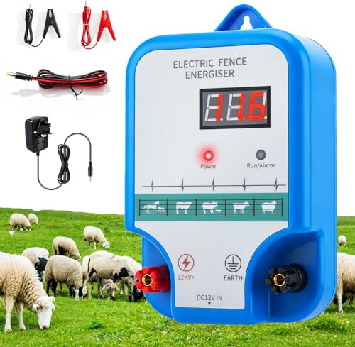 Electric Fence Energiser 12V With LED Display Electric Fence 1.5J Output for 10Km Range 3 Ways Power Supply Charger Waterproof Peak 12kV to Protect Livestock Poultry Farms Horses Sheep Cattle Pigs