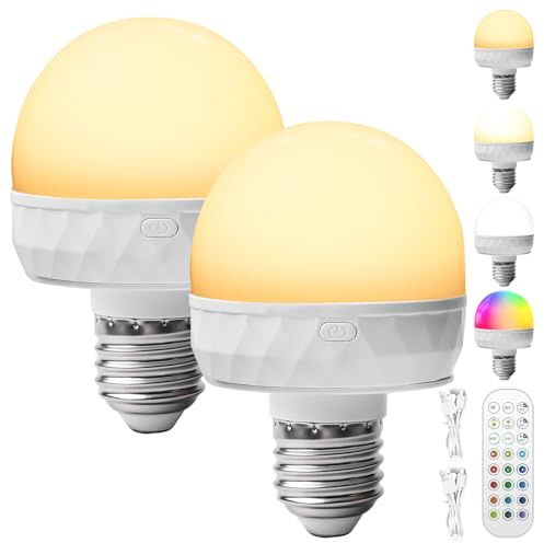 2 Stück Wiederaufladbare Glühbirne mit Fernbedienung, E27 Dimmbare Farben LED Glühbirne mit Fernbedienung und Magnet, Type-C Aufladbar Lampen, Birne für Notbeleuchtung Nachtbeleuchtung Bar Party