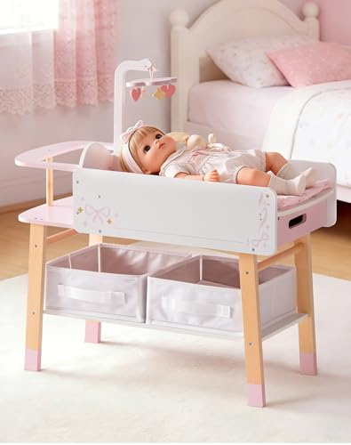 ROBOTIME Table à langer de 45,7 cm, lit en bois avec bacs de rangement et tiroir, meubles de chambre d'enfant pour poupées de 45,7 cm, meubles de poupée pour jeux de simulation